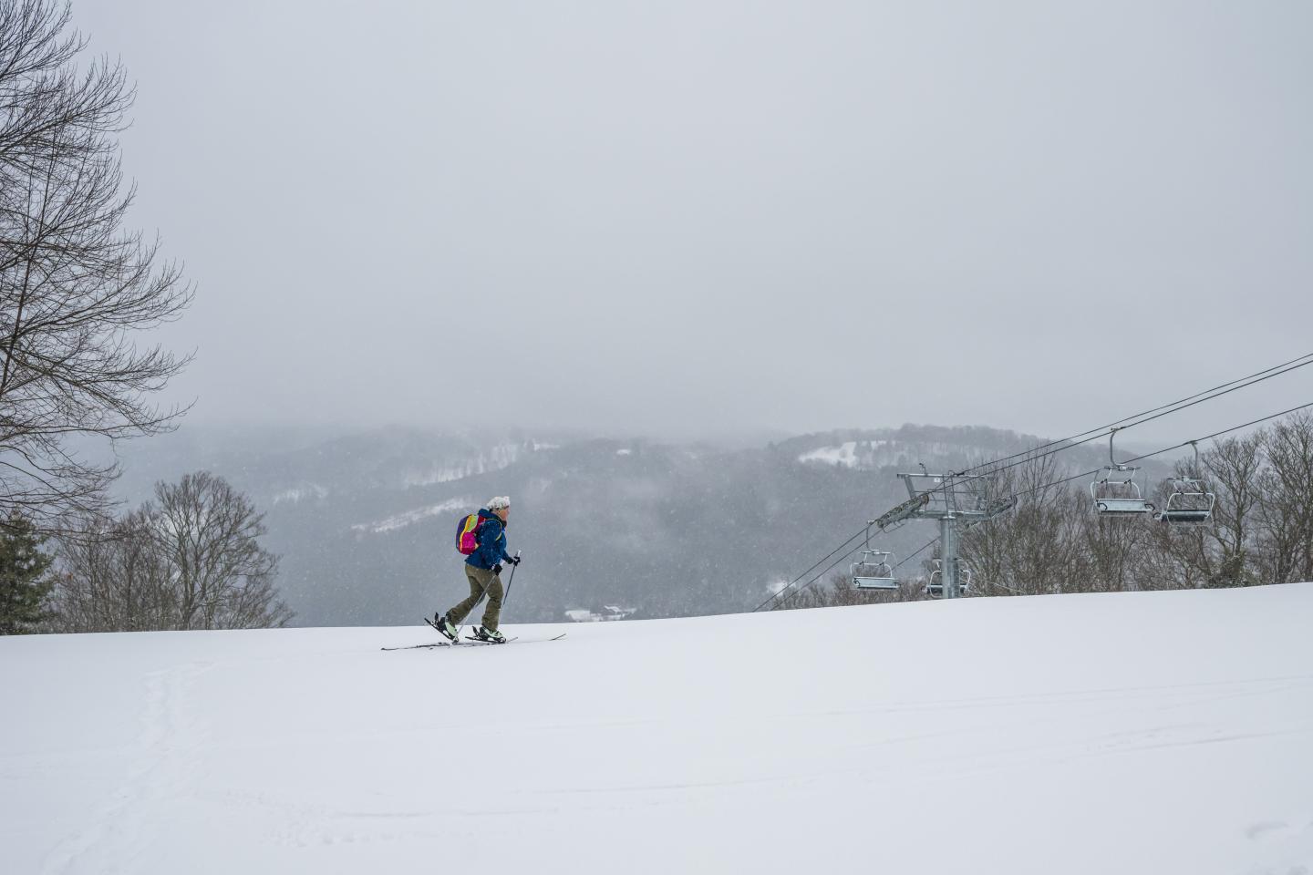 Skier going uphill on a snowy slope, overcast sky, bare trees.