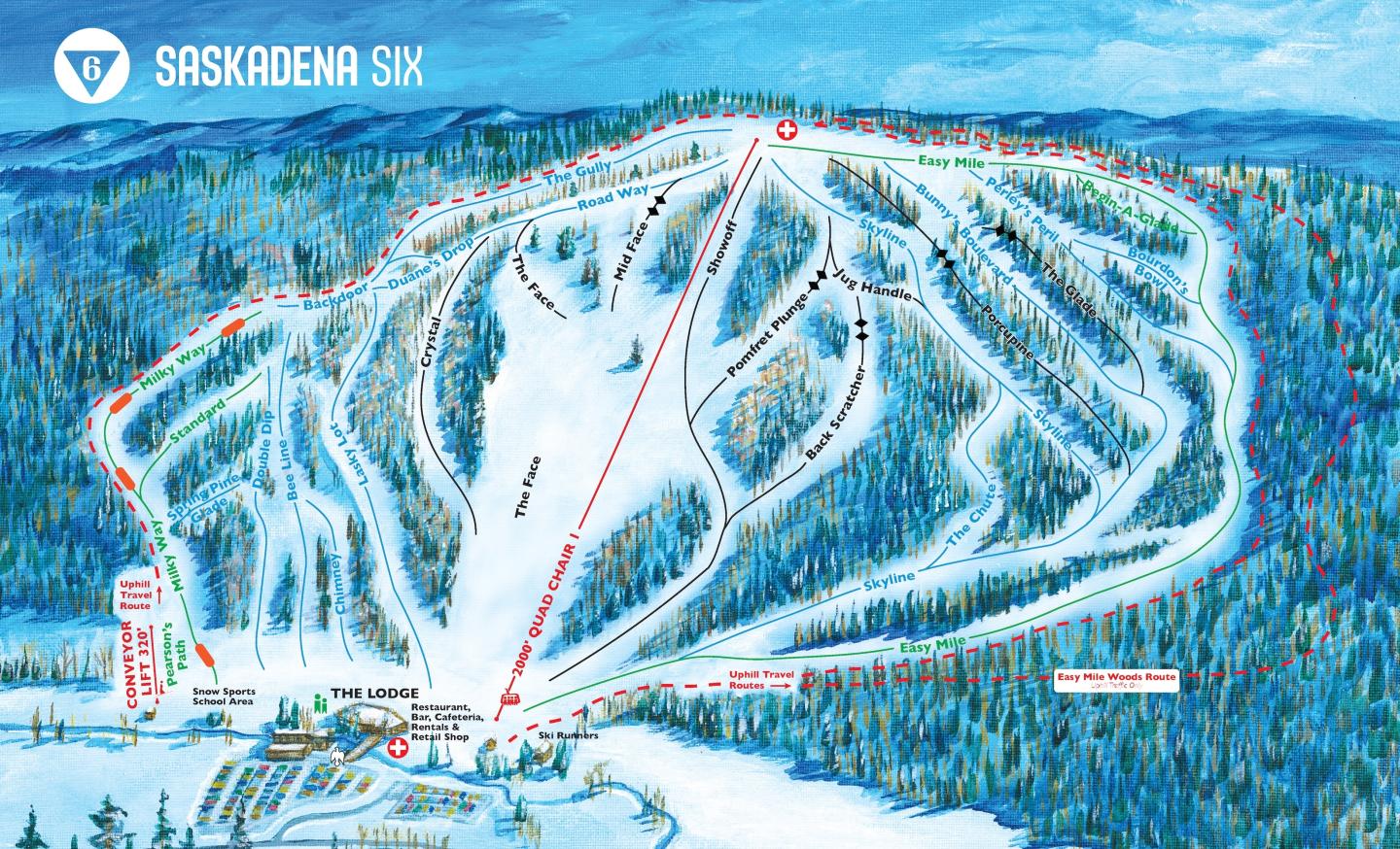 Ski resort map with labeled trails and lifts in blue and white.