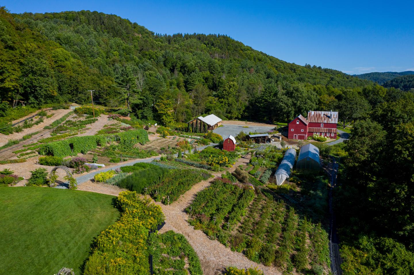 Farm with red buildings, green fields, and hills under a clear blue sky.